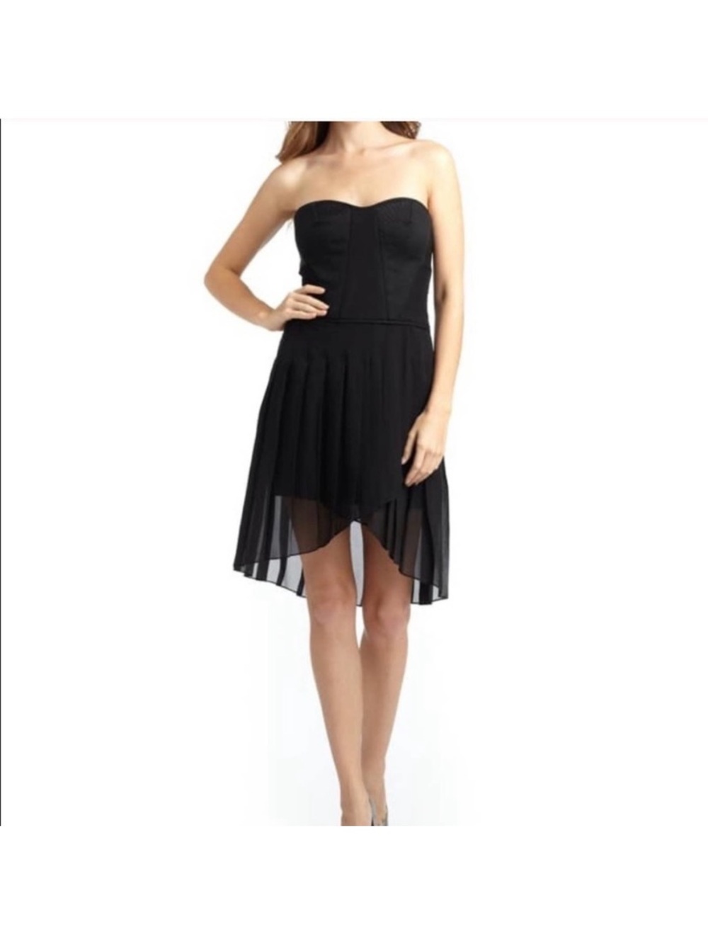 BCBGMaxAzria Black Strapless Chiffon Hi-Low Dress